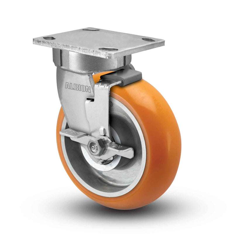 Kingpinless 5"x2" Ergonomic Brake Caster with Orange MAX-Efficiency Wheel