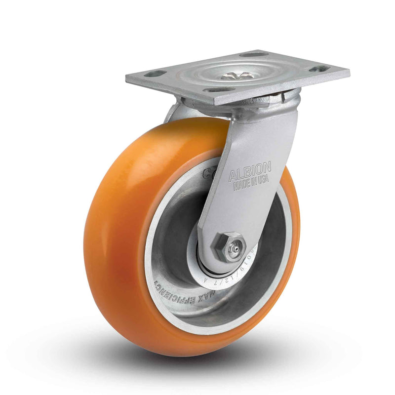 Main view of an Albion Casters 5" x 2" wide wheel Swivel caster with 4" x 4-1/2" top plate, without a brake, AN - Round Polyurethane (Aluminum Core) wheel and 1000 lb. capacity part