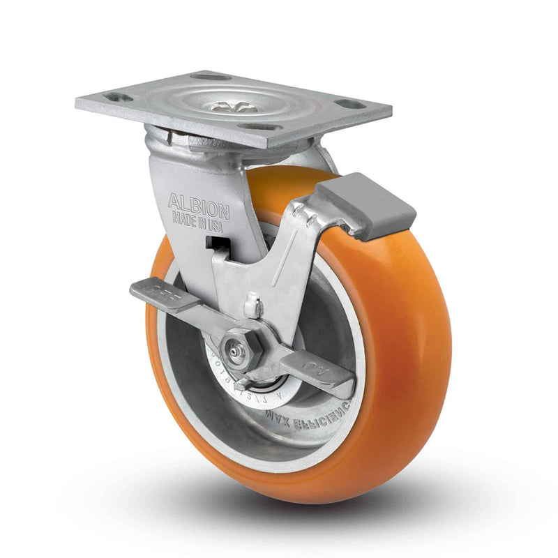 Main view of an Albion Casters 4" x 2" wide wheel Swivel caster with 4" x 4-1/2" top plate, with a side locking brake, AN - Round Polyurethane (Aluminum Core) wheel and 800 lb. capacity part