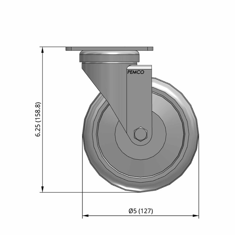 5 inch Wheel Swivel Caster, Plate Mount, 1.25 inch wide Rubber Wheel