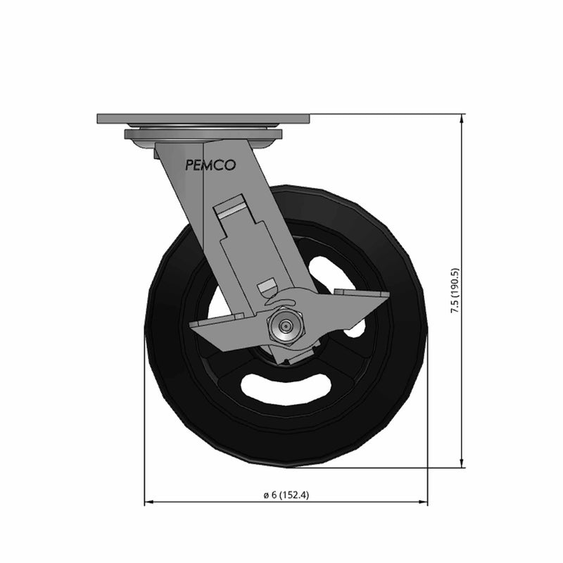 6 inch Heavy Duty Brake Caster with Rubber-on-Iron Wheel, 2 inch wide